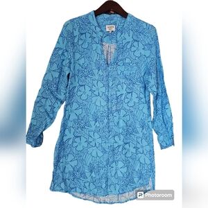 HIHO 100% Linen Blue Floral Long Sleeve Tunic Dress Split V-Neck Size XS‎